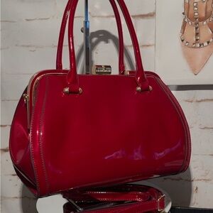 MKF Crossbody Satchel Shoulder Bags Red Patent Faux Leather  EUC